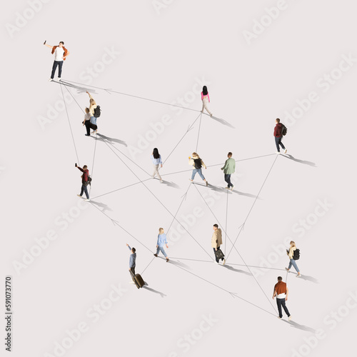 Aerial view on crowd of different people of diverse age and gender connected with social media lines against white background. Concept of human cooperation, online technologies, modern lifestyle