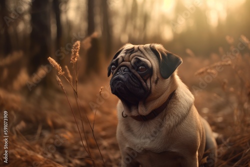 Illustration of a pug dog sitting in the middle of a forest at golden hour - created by Generative AI created with Generative AI technology