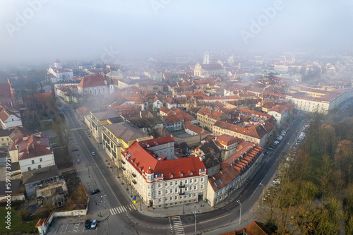 Aerial beautiful spring morning fog view of Vilnius Old Town, Lithuania