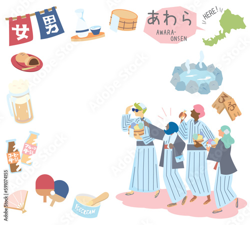 日本の福井のあわら温泉と温泉のアイコンと浴衣を着た外国からの観光客のセット（フラット）