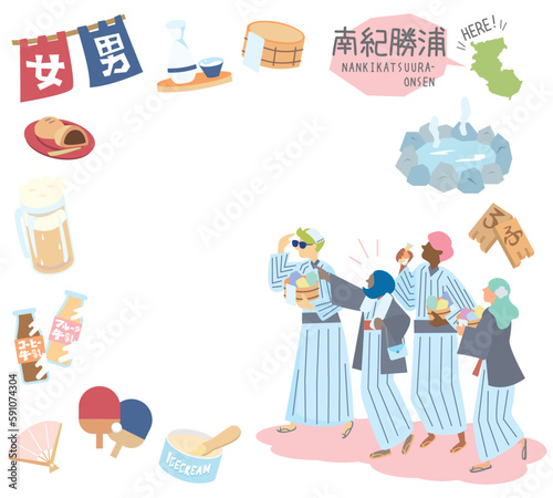 日本の和歌山の南紀勝浦と温泉のアイコンと浴衣を着た外国からの観光客のセット（フラット）