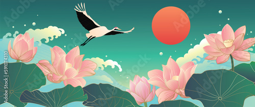 Luxury oriental flower background vector. Elegant pink lotus flowers golden line art with sea wave line pattern and crane bird.  Chinese and Japanese design for wallpaper, poster, banner, card.
