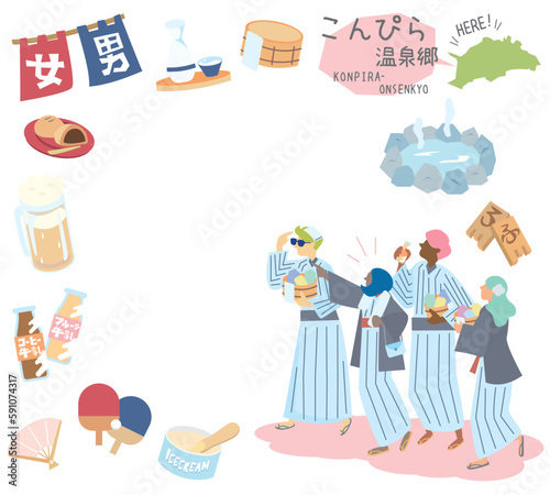 日本の香川のこんぴらと温泉のアイコンと浴衣を着た外国からの観光客のセット（フラット）