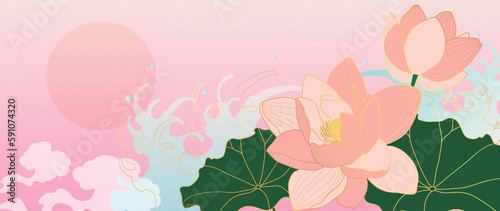 Luxury oriental flower background vector. Elegant pink lotus flowers golden line art with sea wave line pattern and japanese pattern.  Chinese and Japanese design for wallpaper, poster, banner, card.