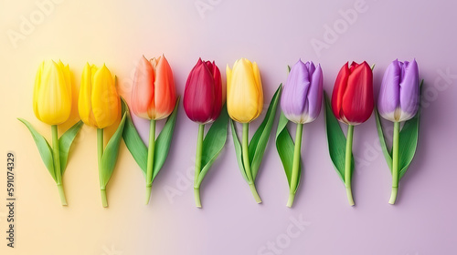 Spring colorful flowers bouquet of tulips on a yellow and violet background top view in flat lay style. Greeting for Womens or Mothers Day or Spring Sale Banner. Generative AI