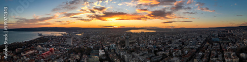 Splendid aerial panoramic view of the sunset over the city Varna, Bulgaria. © EdVal