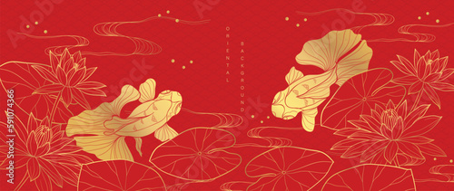 Luxury oriental flower background vector. Elegant red lotus flowers golden line art with sea wave line pattern and goldfish.  Chinese and Japanese design for wallpaper, poster, banner, card.