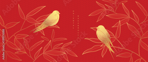 Luxury oriental japanese pattern background vector. Elegant swallow bird and bamboo leaf branch golden line art on red background. Design illustration for decoration, wallpaper, poster, banner, card.