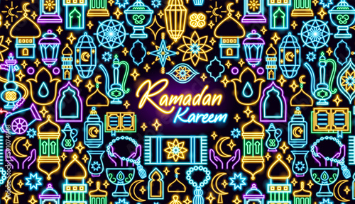 Ramadan Kareem Neon Banner. Vector Illustration of Religion Arabian Glowing Concept.