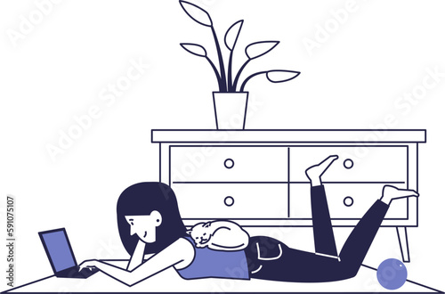 Girl at home working at a laptop lying down.Vector freelancing scene at home.