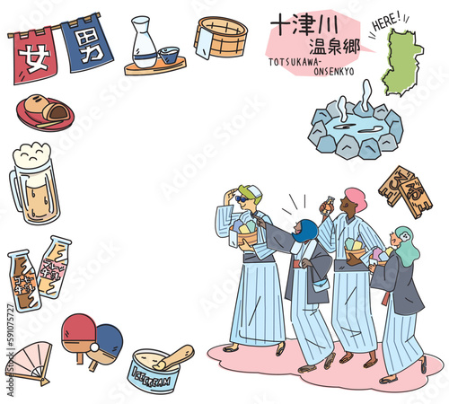 日本の奈良の十津川温泉郷と温泉のアイコンと浴衣を着た外国からの観光客のセット（線画）