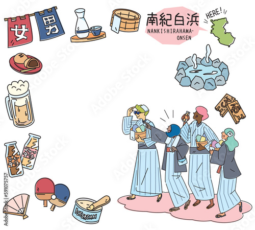 日本の和歌山の南紀白浜と温泉のアイコンと浴衣を着た外国からの観光客のセット（線画）