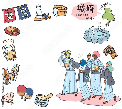 日本の兵庫の城崎温泉と温泉のアイコンと浴衣を着た外国からの観光客のセット（線画）