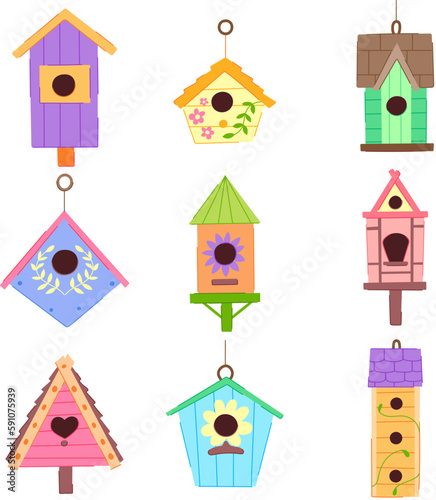 bird house set cartoon vector illustration