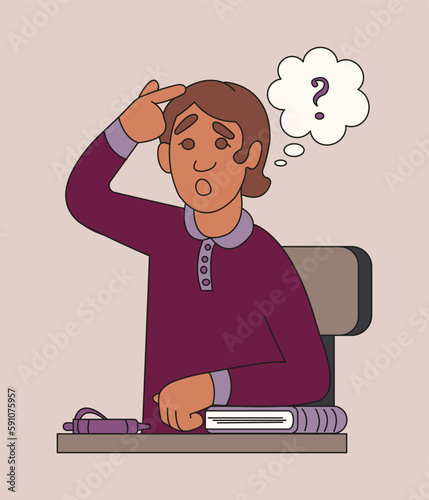 The young man considered the question. Vector color isolated illustration cartoon style.