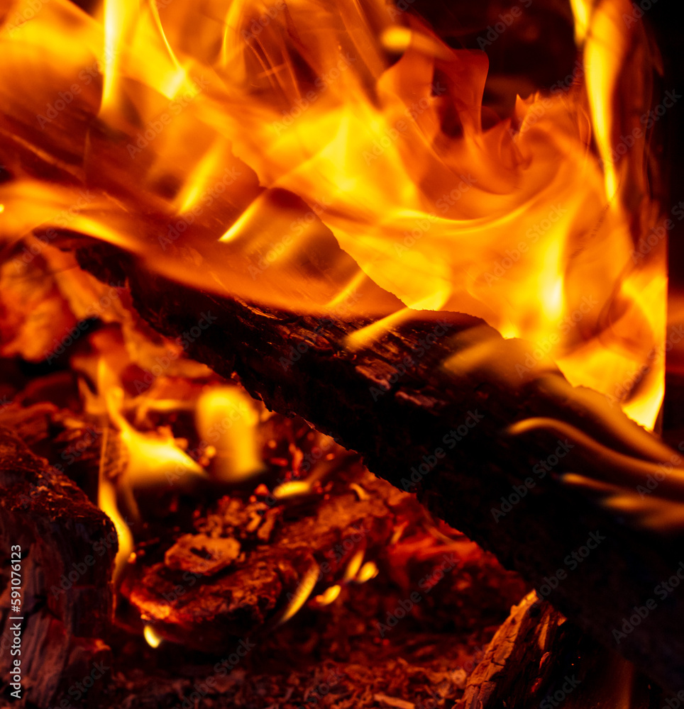Fototapeta premium Fire flame from wooden firewood. Background.
