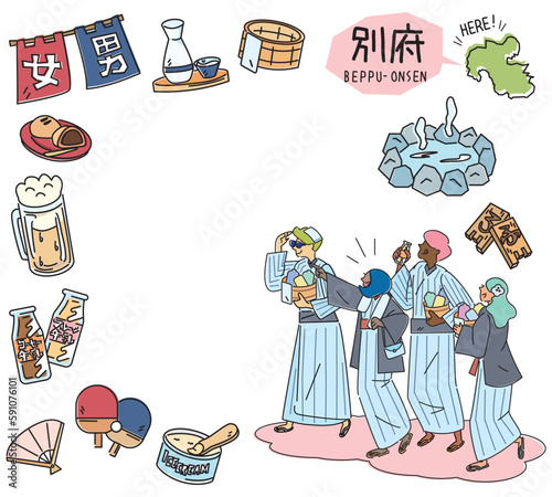 日本の大分の別府温泉と温泉のアイコンと浴衣を着た外国からの観光客のセット（線画）