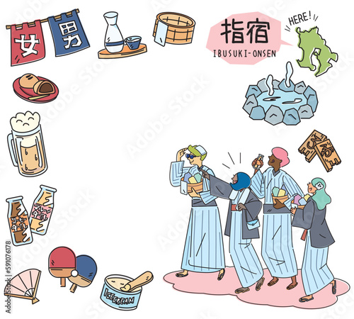 日本の鹿児島の指宿温泉と温泉のアイコンと浴衣を着た外国からの観光客のセット（線画）