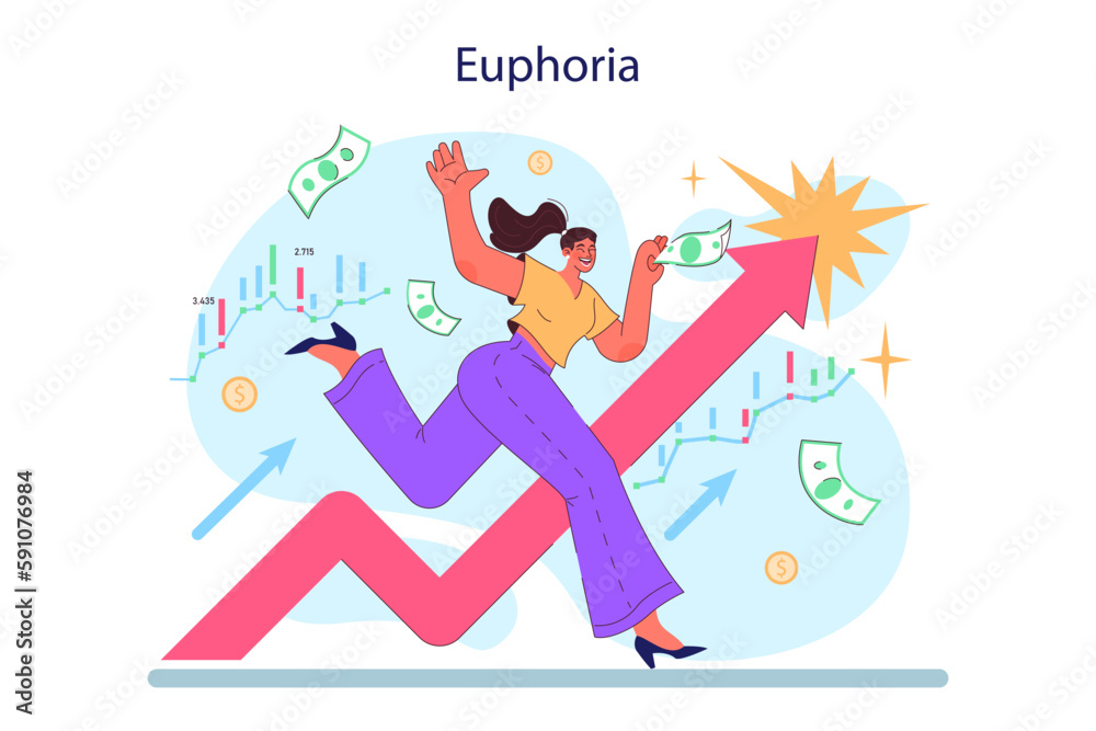 Cycle of investor emotions. Female character with a feeling of euphoria Cycle of investor emotions. Female character with a feeling of euphoria