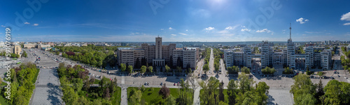 Aerial view on Derzhprom, main Karazin National University buildings and Freedom Square in spring green Kharkiv, Ukraine