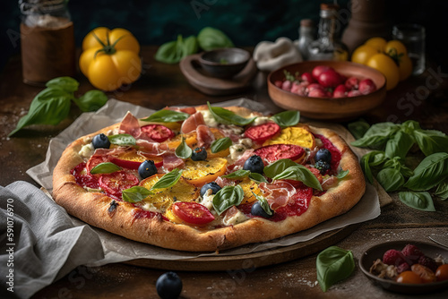 A mouthwatering, gourmet pizza, topped with an array of fresh ingredients and bubbling cheese, being pulled from a wood-fired oven, set in a charming, authentic pizzeria setting. Generative Ai.