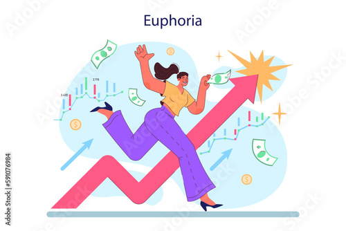 Cycle of investor emotions. Female character with a feeling of euphoria