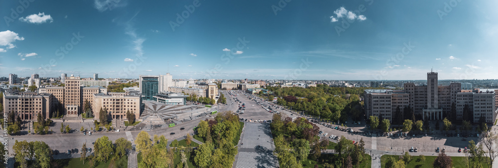 Aerial wide panoramic view on Karazin National University buildings on Freedom Square in spring Kharkiv, Ukraine