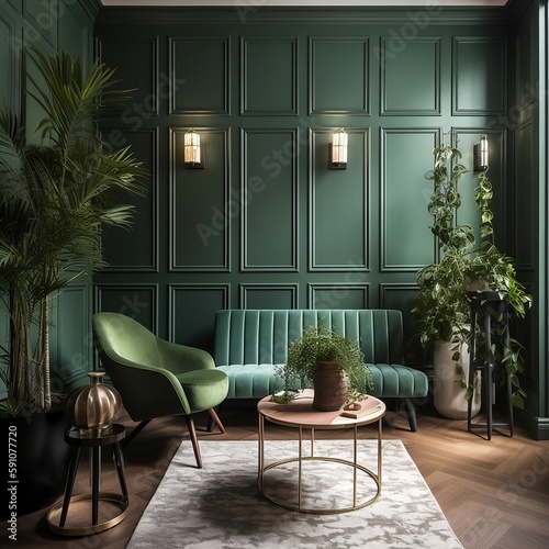 luxury home interior  panelled wall  panelling  green room  green walls  AI generated image  AI Design  green tone  interior design