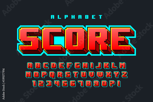 Pixel vector alphabet design, stylized like in 8-bit games.