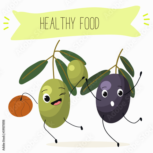 Illustration with funny characters olives. Funny and healthy food. Vitamins, cute face food, ingredients, vegetarian, vector cartoon, agriculture, raw.