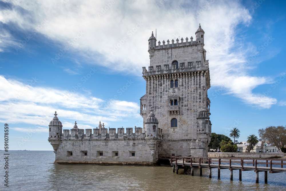 The Belem Tower (Torre de Belem) by the Tagus River bank, Belem, Lisbon, Portugal
