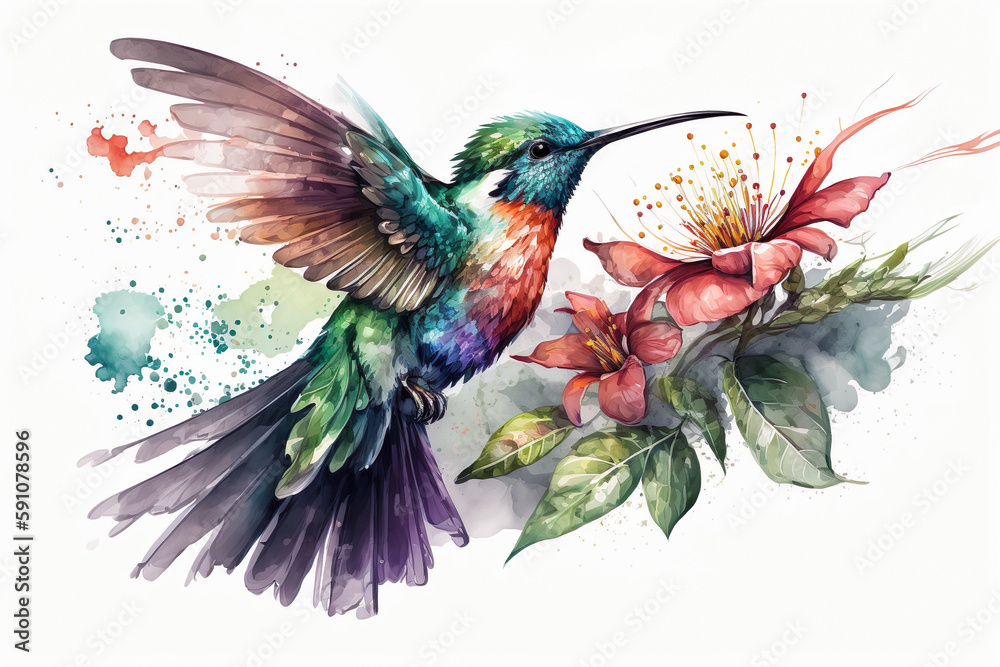 Obraz premium Colorful Watercolors Hummingbird Isolated On White Background - Generative AI