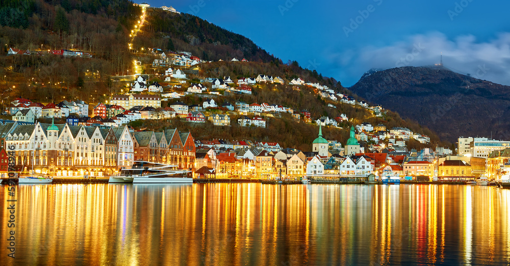 Old town of Bergen panorama at dusk, Norway