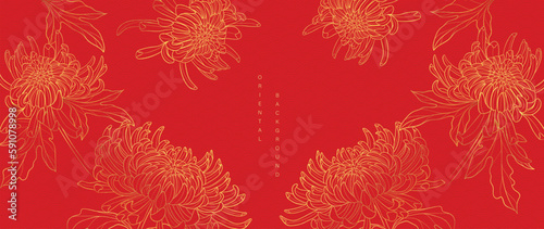 Luxury oriental japanese pattern background vector. Elegant mum flower and leaves golden line art on red background. Floral pattern design illustration for decoration, wallpaper, poster, banner, card.