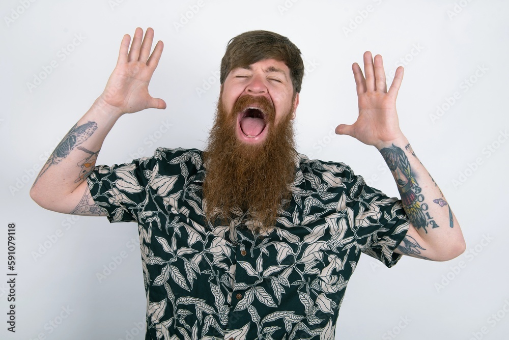 red haired man wearing printed shirt over white studio background goes crazy as head goes around feels stressed because of horrible situation red haired man wearing printed shirt over white studio background goes crazy as head goes around feels stressed because of horrible situation