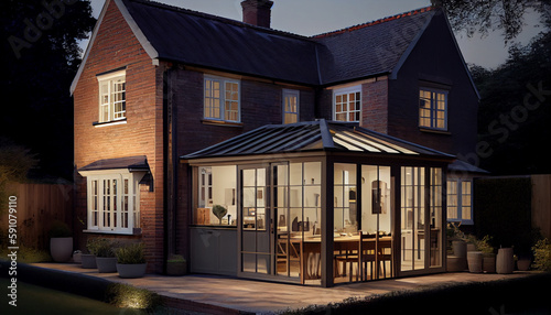 Modern Sunroom or conservatory extending into the garden, surrounded by a block paved patio