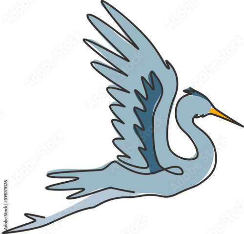 Fototapeta Naklejka Na Ścianę i Meble -  One continuous line drawing of cute flying heron for company logo identity. Coastal bird mascot concept for national park icon. Modern single line draw graphic design vector illustration