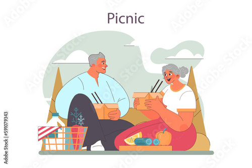 Happy elderly couple spending time outdoor together. Senior people