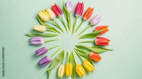 Spring rainbow circle of flowers of tulips on a mint background top view in flat lay style. Greeting for Womens or Mothers Day or Spring Sale Banner. Generative AI