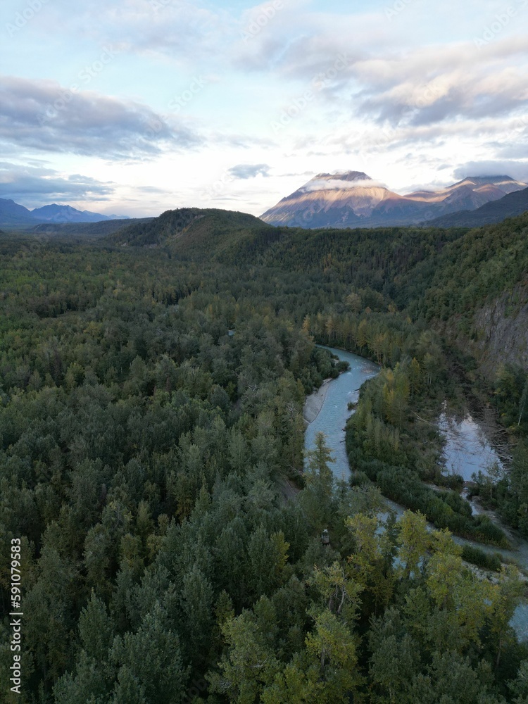 Vertical aerial shot of a beautiful landscape with mountains and a river passing through a forest