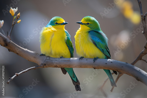 spring colored birds flirting, natural design, unique moments in the wild, generative AI © Kien