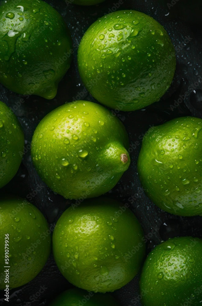 Lots of ripe limes with water drops. Background design with fresh wet limes. Generative AI.