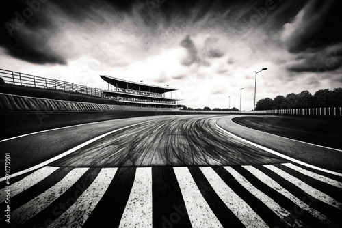 black and white illustration, section of a race track, sharp right turn created with Generative AI technology