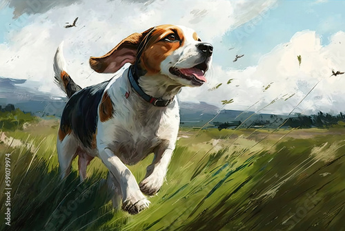 picture of a small dog running through a green meadow created with Generative AI technology