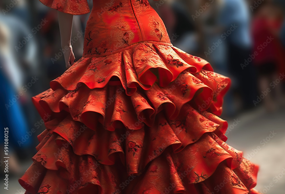 Close up of traditional flamenco dress at Seville April Fair (Feria de Abril de Sevilla). Generative Ai - obrazy, fototapety, plakaty 