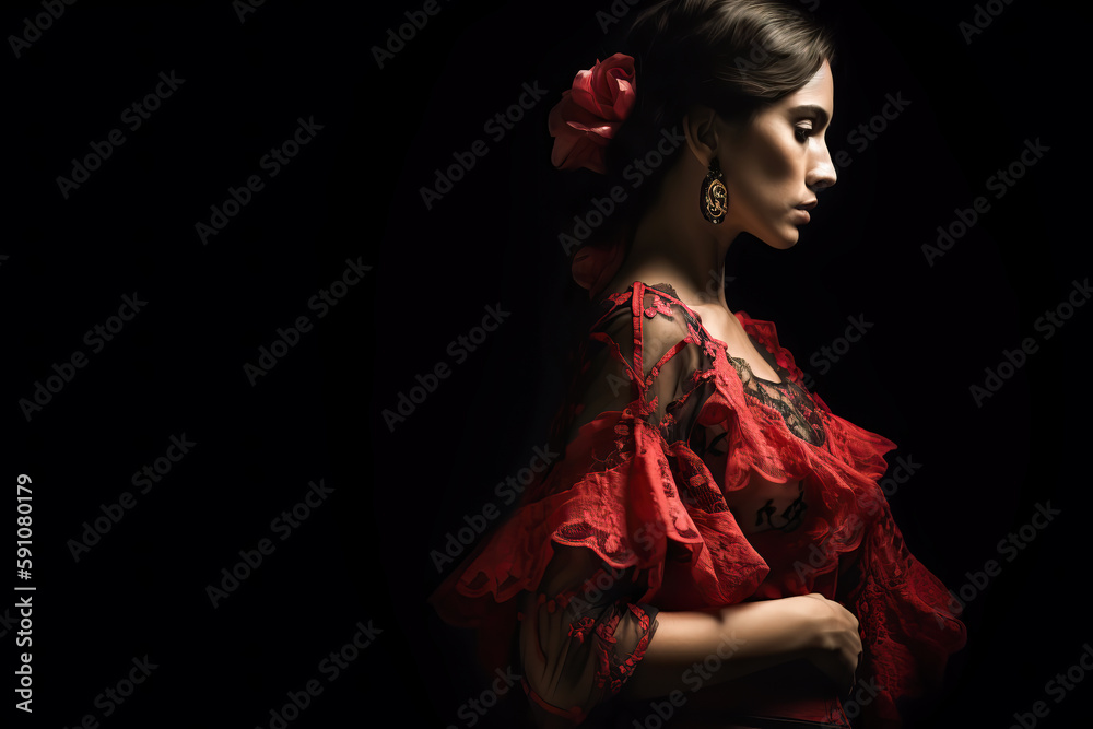 Attractive Woman wearing traditional flamenco dress on black background (Seville April Fair). Generative Ai