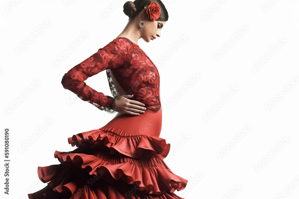 Attractive Woman wearing traditional flamenco dress on white background (Seville April Fair). Generative Ai - obrazy, fototapety, plakaty 
