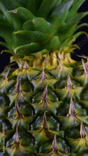 A close-up vertical video featuring the top of a pineapple where its crown begins, rotating in a black background.