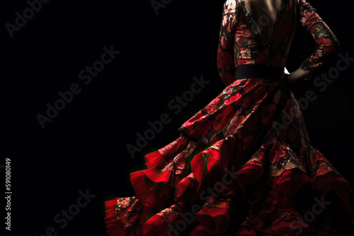 Close up of  traditional flamenco dress on black background (Seville April Fair). Generative Ai