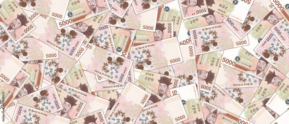 Financial Korean wide illustration. Seamless pattern. Randomly scattered paper banknotes of South Korea, denomination of 5000 won. Wallpaper or background.